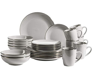 MÄSER Metallic Rim, Modernes Geschirr Set für 4 Personen mit messingfarbenem Rand, 16-teiliges Kombiservice mit randlosen Coupe-Formen, Steinzeug, Grau im Sale